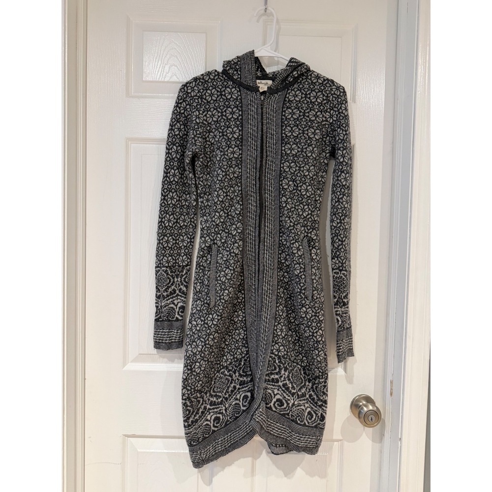 Telluride Clothing Co Womens XS Grey Fair Isle Zip Up Hooded Longline Cardigan